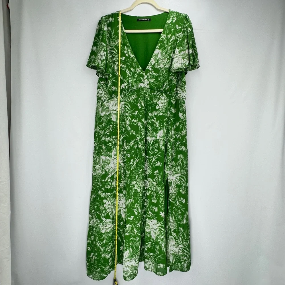 A&F Green Floral Sz XL Tiered Slit Maxi Sundress Flutter Sleeve